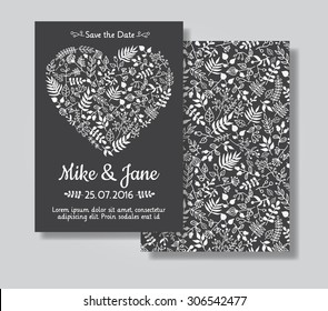 Rustic wedding invitation card set. White floral in heart shape on black chalkboard background. Save the date and invitation card