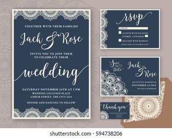 Rustic Wedding Invitation Design Template. Include RSVP card, Save the date card, thank you tags. Vintage Round Mandala Ornamental. Vector illustration. 