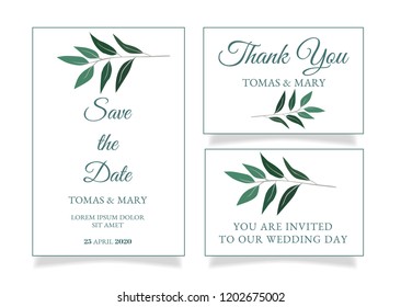 Rustic wedding invitation template with little green leaf. Printable wedding invites. Rustic wedding invitations cards. Garden wedding templates.