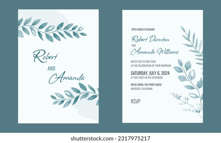 Rustic wedding invitation, watercolor flower leaves