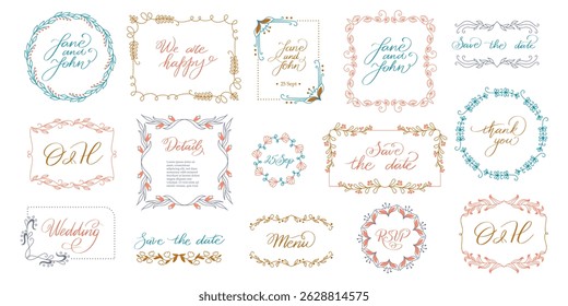 Rustic wedding monogram. Floral decorative frames, flower wreath and branches, initials banner design, vintage elegant flourish ornament borders. Vector wedding frame set.