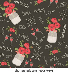 Rustic wedding vector seamless pattern. Poppy flowers, mason jars, flowers, lettering, rings and hearts