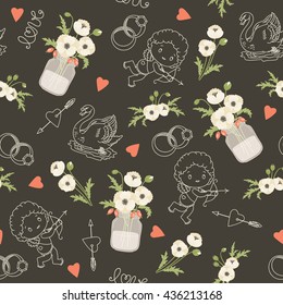 Rustic wedding vector seamless pattern. White poppy flowers, mason jars, flowers, hearts, swans, angels. Eps 10
