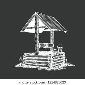 Rustic well sketch vector illustration hand drawn