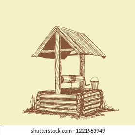 Rustic well sketch vector illustration hand drawn