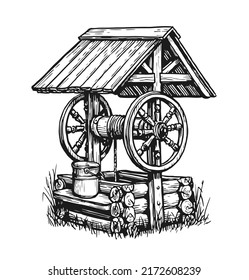 Rustic well with water. Hand drawn sketch vintage vector illustration