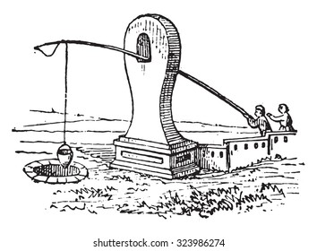 Rustic wells, vintage engraved illustration.
