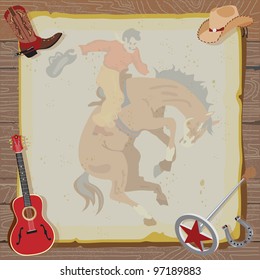Rustic Western Party Invitation with cowboy boot, hat, guitar, branding iron and horseshoe surround vintage paper with a faded bucking bronco, set against a wood background.
