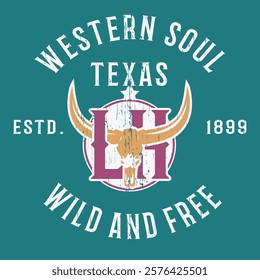 Rustic Western Soul Graphic Design - Texas Wild and Free, Vintage Longhorn Emblem with Distressed Typography