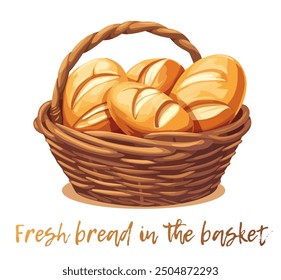 Rustic wicker basket with freshly baked bread vector illustration isolated on white background. Warm, golden-brown crust of the loaves , the aroma of freshly baked bread. 