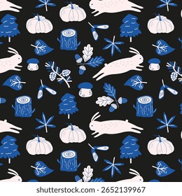 Rustic wild forest seamless pattern in folk boho style. Woodland background for textile, fabric with autumn leaves, rabbit, mushrooms, branches. Vector illustration on a black background