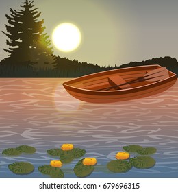 A rustic wild pond with yellow water lilies, a wooden boat with two oars and spruce on the beach. Sunset. Vector landscape can be used in newsletter, brochures, postcards, banner.