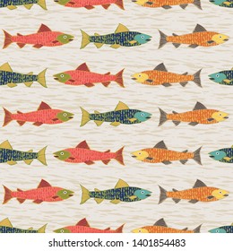 Rustic wildlife seamless fish pattern for your favorite angler. Great for birthday cards, father's day, wrapping paper, textiles, home decor and scrapbooking. Colorful with a bit of fun texture.