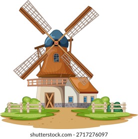 Molino de viento rústico con hojas de madera, rodeado de vegetación, estilo de Vector de dibujos animados, colores brillantes