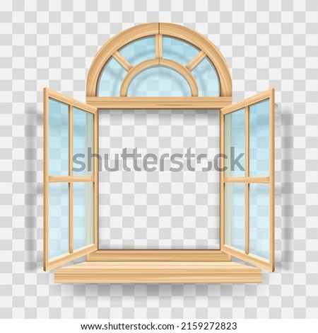 Rustic window. Cartoon wooden open windows frames isolated on transparent background, old wood arch opened casements, beautiful retro folding glasses vector illustration