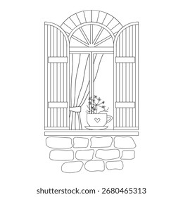 A rustic window with a flower on the sill. Hand-drawn illustration.