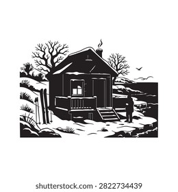 Rustic winter cabin silhouette in snowy forest setting. Cozy mountain house with smoking chimney and ski gear on front porch. Atmospheric winter landscape for seasonal travel branding, holidays, cold weather outdoor activities, and nature concept design. Detailed vector illustration on white base.