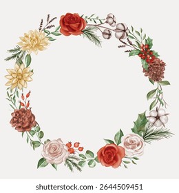 Rustic Winter Floral Wreath with Roses, Cotton, and Pine