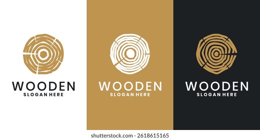 Rustic wood logo design set. Tree rings and wood grain textures