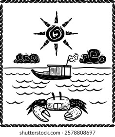 Rustic woodcut illustration featuring a crab, a boat, ocean waves, the sun, and clouds. Captures the charm of coastal life in a traditional handcrafted style.