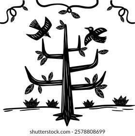 Rustic woodcut illustration of a tree with birds and leaves, surrounded by decorative vines. Captures the essence of nature in a traditional handcrafted style.