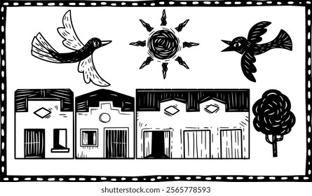 Rustic woodcut-style illustration of a small town with colorful houses, birds, a tree, and the sun. Captures the charm of rural and traditional Brazilian architecture.