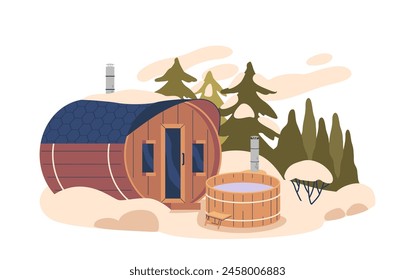 Rustic Wooden Barrel Bath Nestled Among Tall Trees, Filled With Warm Water, Steam Rising Against A Backdrop Of Greenery