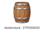 Rustic wooden barrel with metal hoops isolated on white background, container