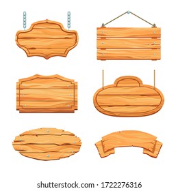 Rustic wooden boards set. Hanging blank saloon signboards and banners with ropes and chains. Vector illustration for bar, restaurant, guidepost, vintage concept