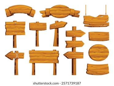 Rustic wooden boards with various shapes, hanging and standing designs. Vector cartoon illustration