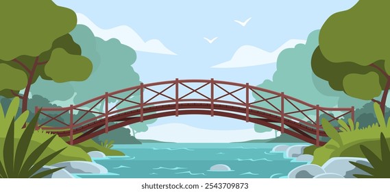 Rustic wooden bridge crossing river. Picturesque nature landscape, deciduous green trees, forest, tourism and travel rustic background, cartoon flat style isolated nowaday vector concept