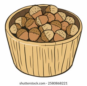 A rustic wooden bucket filled with acorns in brown tones, perfect for nature themed decor and autumn designs.