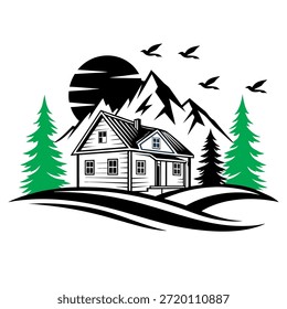 El diseño rústico de la cabina de madera se destaca contra los picos agudos de la montaña bajo una luna oscura con los árboles de pino verdes estilizados que sugieren un concepto sereno del logotipo del retiro del desierto.