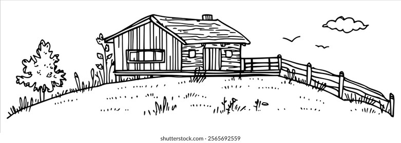 rustic wooden cabin on a hill with fence illustration