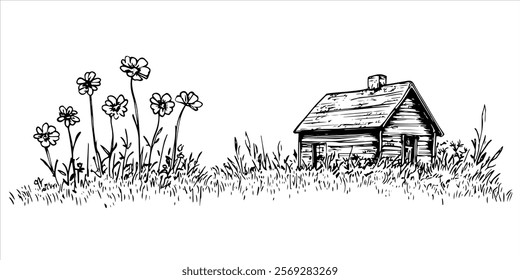 rustic wooden cabin with wildflowers in grass hand drawn doodle sketch