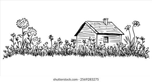 rustic wooden cabin with wildflowers in grass hand drawn doodle sketch