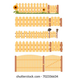 Rustic wooden cartoon fences vector set. Fence with gate, grass, flowers and rural clay pots, isolated on white
