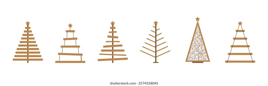 Rustic wooden Christmas Tree collection. Christmas tree made of wooden shelves. Eco friendly holiday ornaments. Plastic free concept. Vector illustration in flat cartoon style.