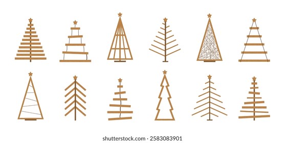 Rustic wooden Christmas Tree collection. Christmas tree made of wooden shelves. Eco friendly holiday ornaments. Plastic free concept. Vector illustration in flat cartoon style.