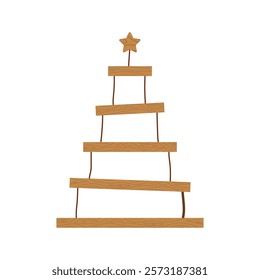 Rustic wooden Christmas Tree. Christmas tree made of wooden shelves. Eco friendly holiday ornaments. Plastic free concept. Vector illustration in flat cartoon style.