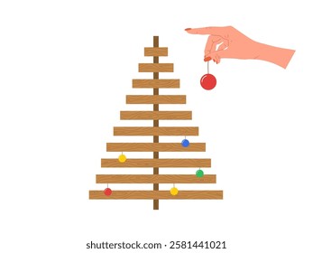 Rustic wooden Christmas Tree. Christmas tree made of wooden shelves. Eco friendly holiday ornaments. Plastic free concept. Vector illustration in flat cartoon style.