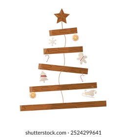 Árbol de Navidad de madera rústico con adornos mínimos. árbol de Navidad minimalista hecho de tablones de madera. adornos navideños simples. perfecto para una decoración de temporada ecológica