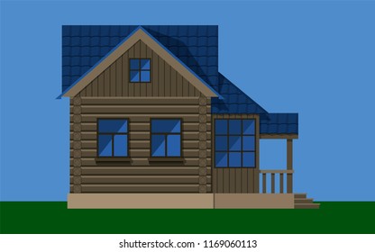 Rustic wooden country house made of grey timber, with a porch and veranda