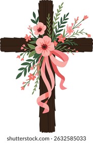 Cruz de madeira rústica com decoração de fita floral rosa