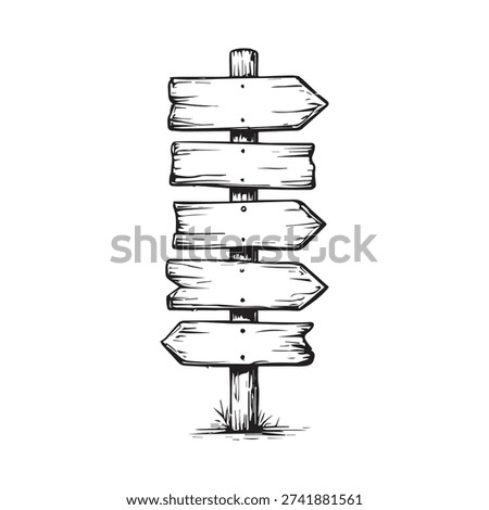 Rustic Wooden Direction Signpost with Multiple Arrow Boards Hand Drawn Sketch Illustration