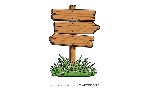 Rustic Wooden Directional Sign Surrounded by Lush Greenery a Charming and Whimsical Depiction