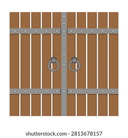 A rustic wooden double gate featuring sturdy metal horizontal bars and classic circular door handles. This vintage design evokes medieval or fortress architecture.