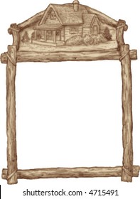 Rustic Wooden Frame With Carved Cabin Image.