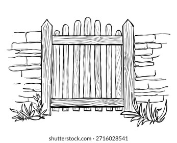 Puerta de jardín de madera rústica en pared de piedra ilustración de línea dibujada a mano en blanco y negro con plantas y césped