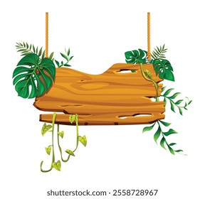 Rustic wooden hanging board adorned with monstera and vines. Vector cartoon illustration